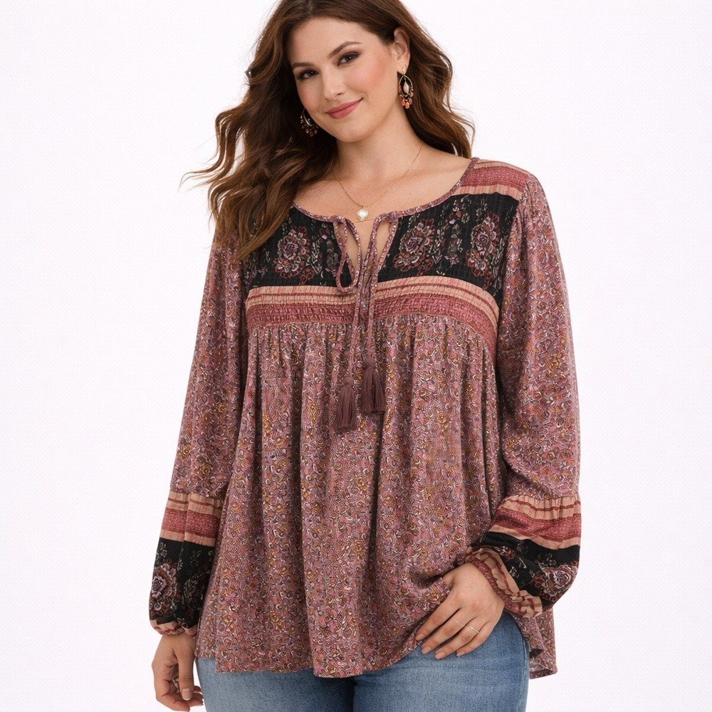 Grace + Karma Floral Peasant Tunic Top XL Boho Smocked Tassel Tie‎ Blouse